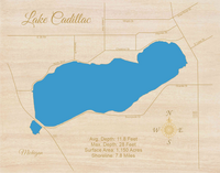 Lake Cadillac, Michigan - Laser Cut Wood Map