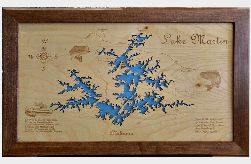 Lake Martin, Alabama - Laser Cut Wood Map| Personal Handcrafted Displays