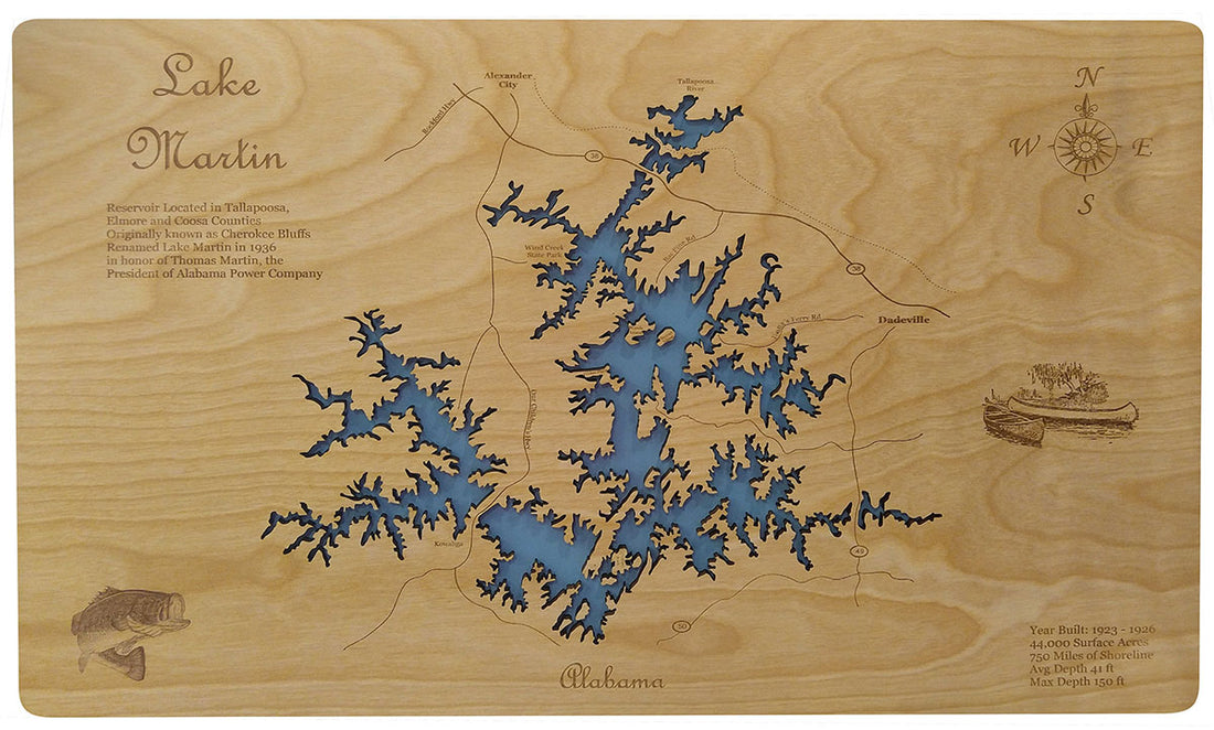 Lake Martin, Alabama - Laser Cut Wood Map| Personal Handcrafted Displays