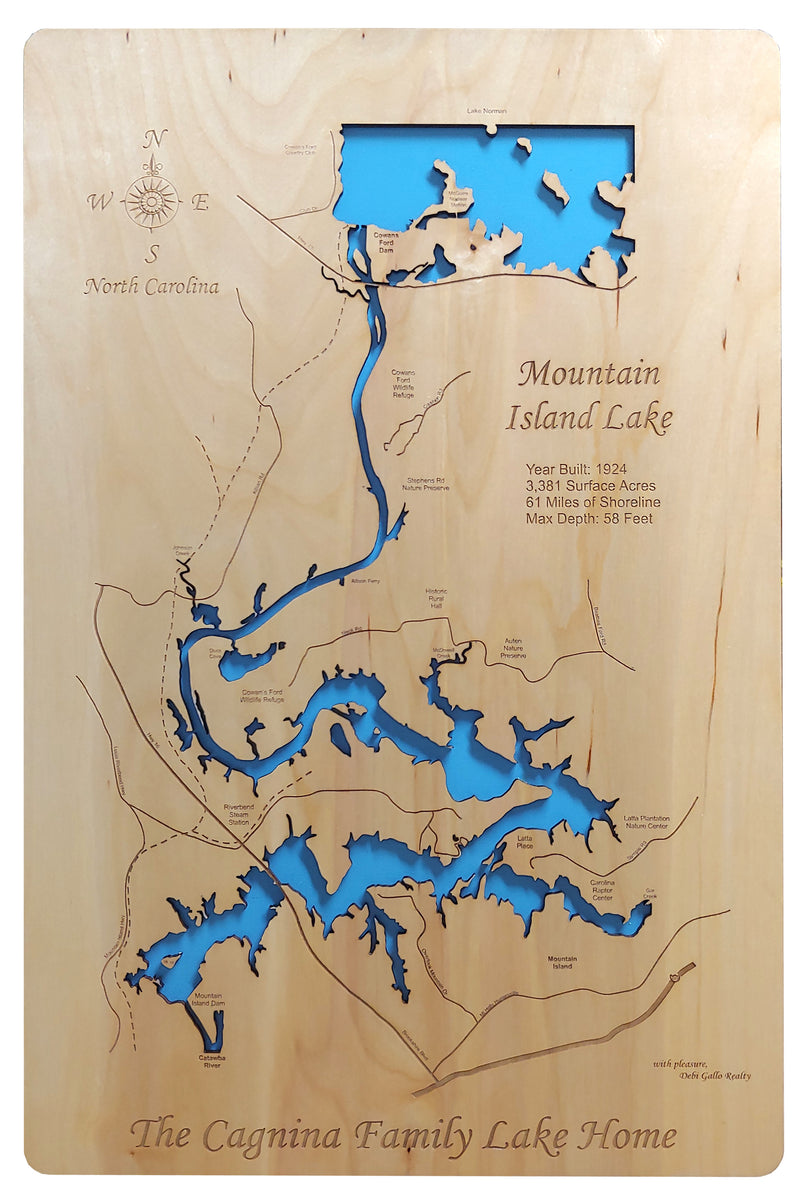 Mountain Island Lake, NC - Laser Cut Wood Map| Personal Handcrafted ...