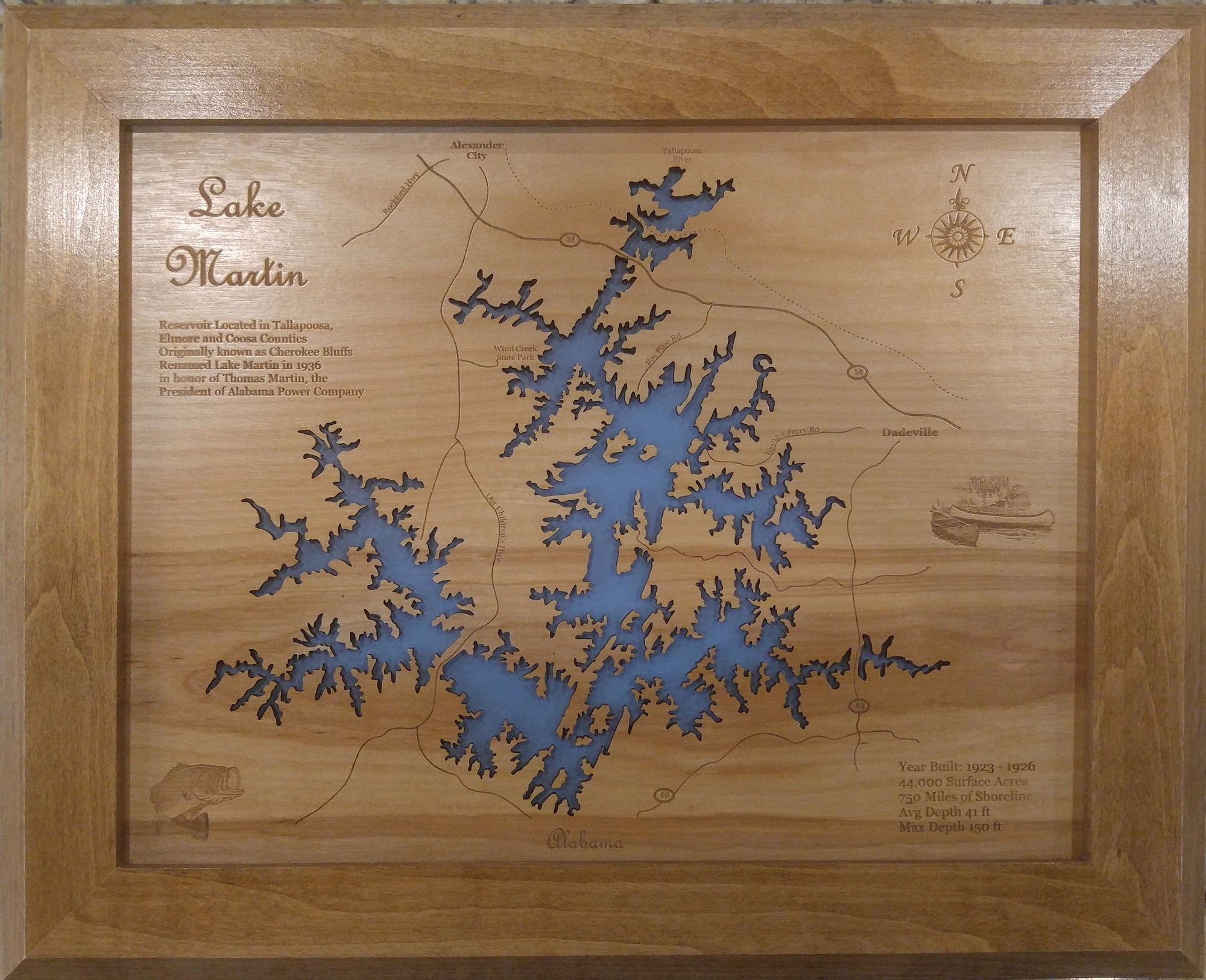 Lake Martin, Alabama - Laser Cut Wood Map| Personal Handcrafted Displays