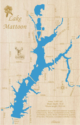 Lake Mattoon, Illinois - Laser Cut Wood Map
