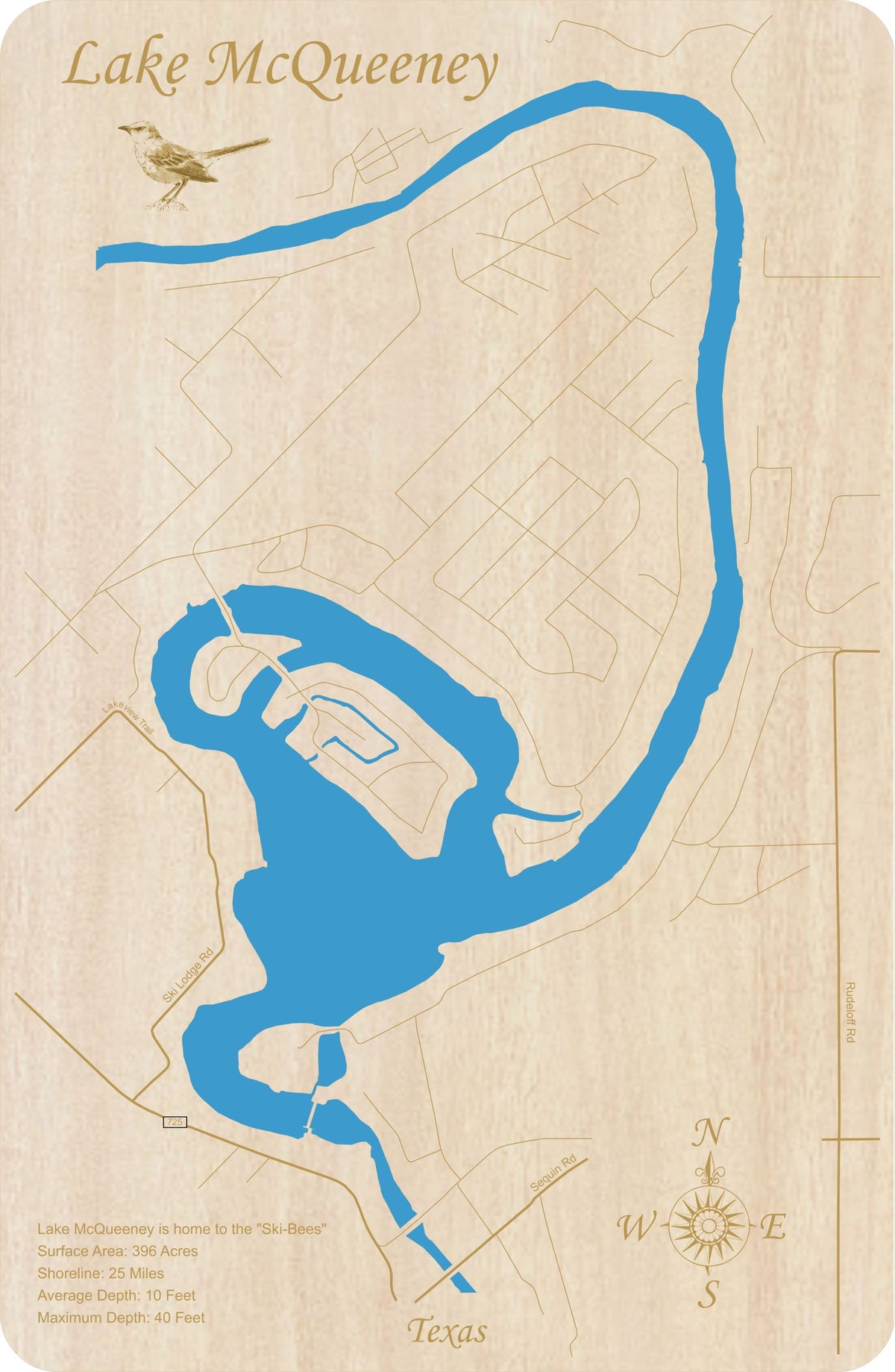 Lake McQueeney, Texas Laser Cut Wood Map Personal Handcrafted Displays