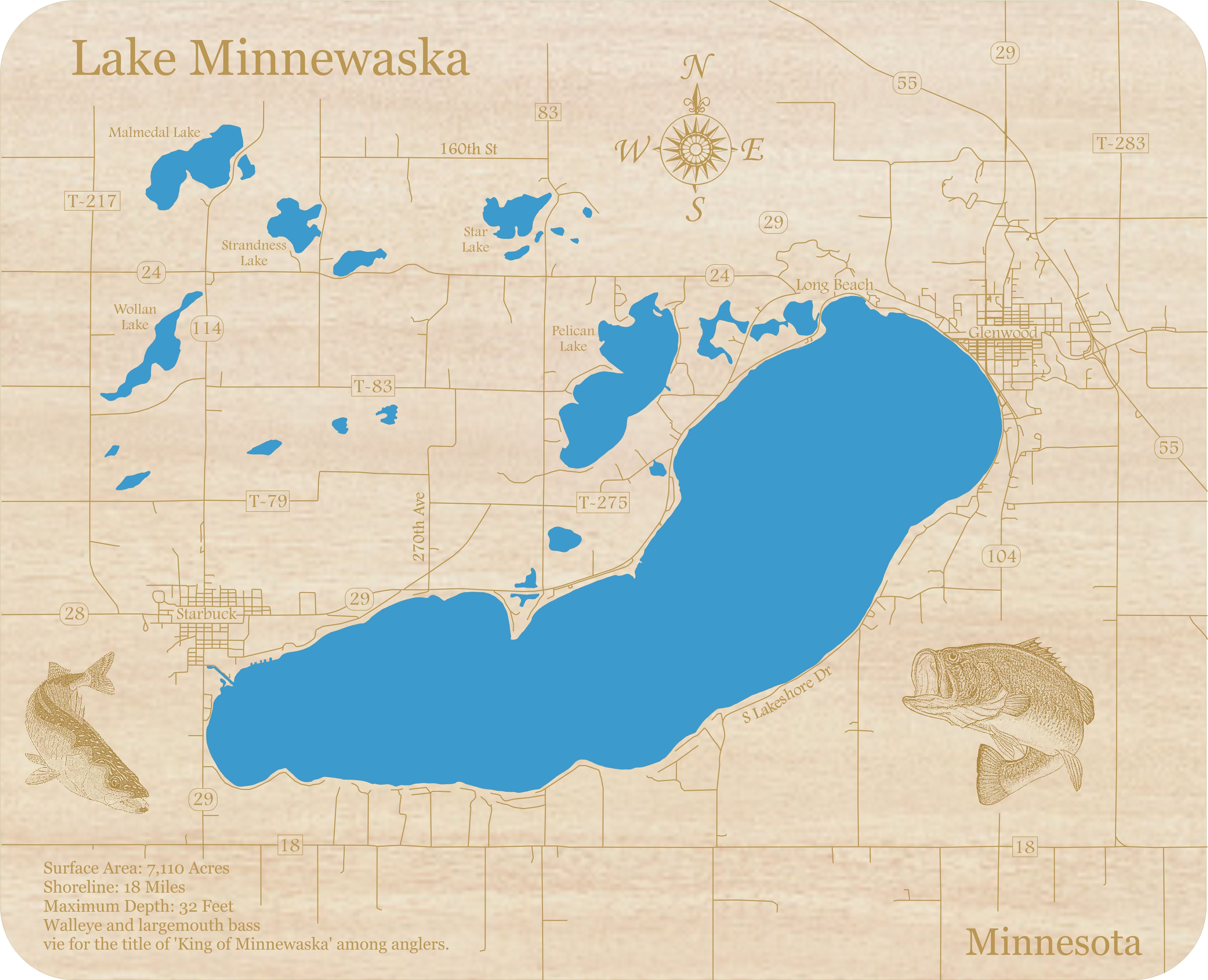 Lake Minnewaska, Minnesota - Laser Cut Wood Map| Personal