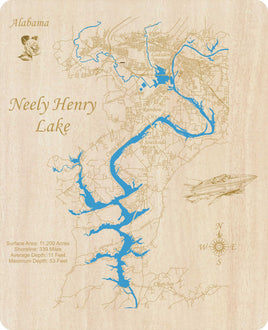 Neely Henry Lake, Alabama - Laser Cut Wood Map