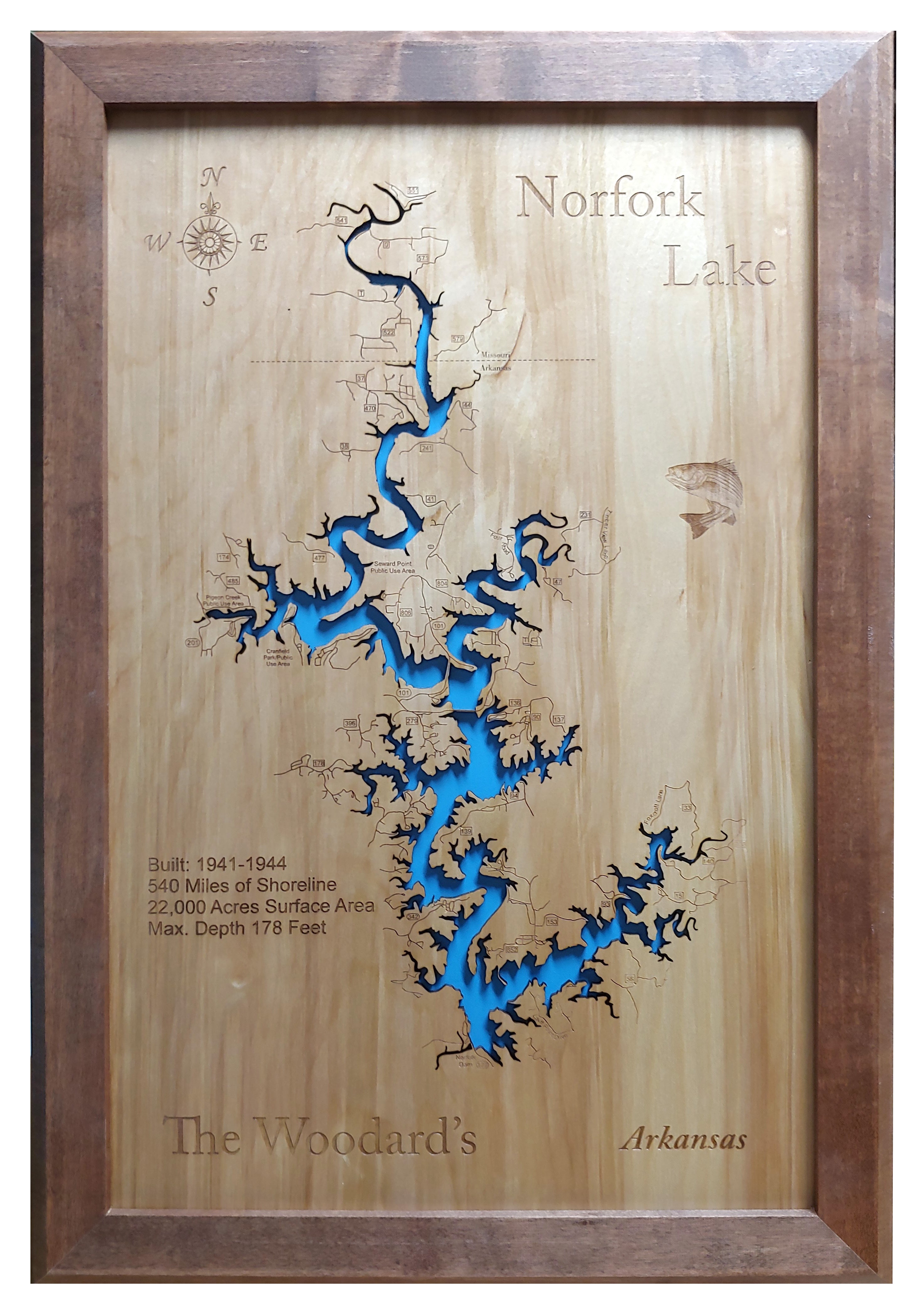 雲渓筆　野晒し図 Norfork Lake, Arkansas - Laser Cut Wood Map| Personal Handcrafted
