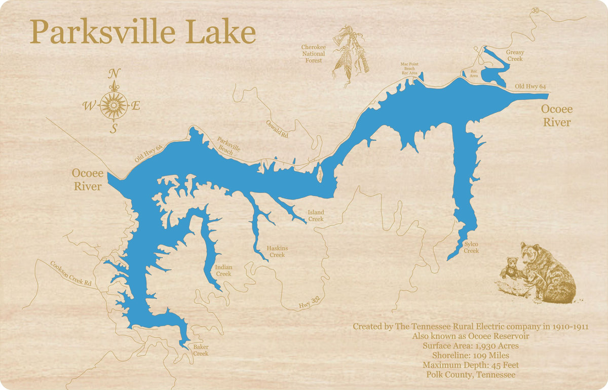 Parksville Lake, Tennessee laser cut wood map Personal Handcrafted