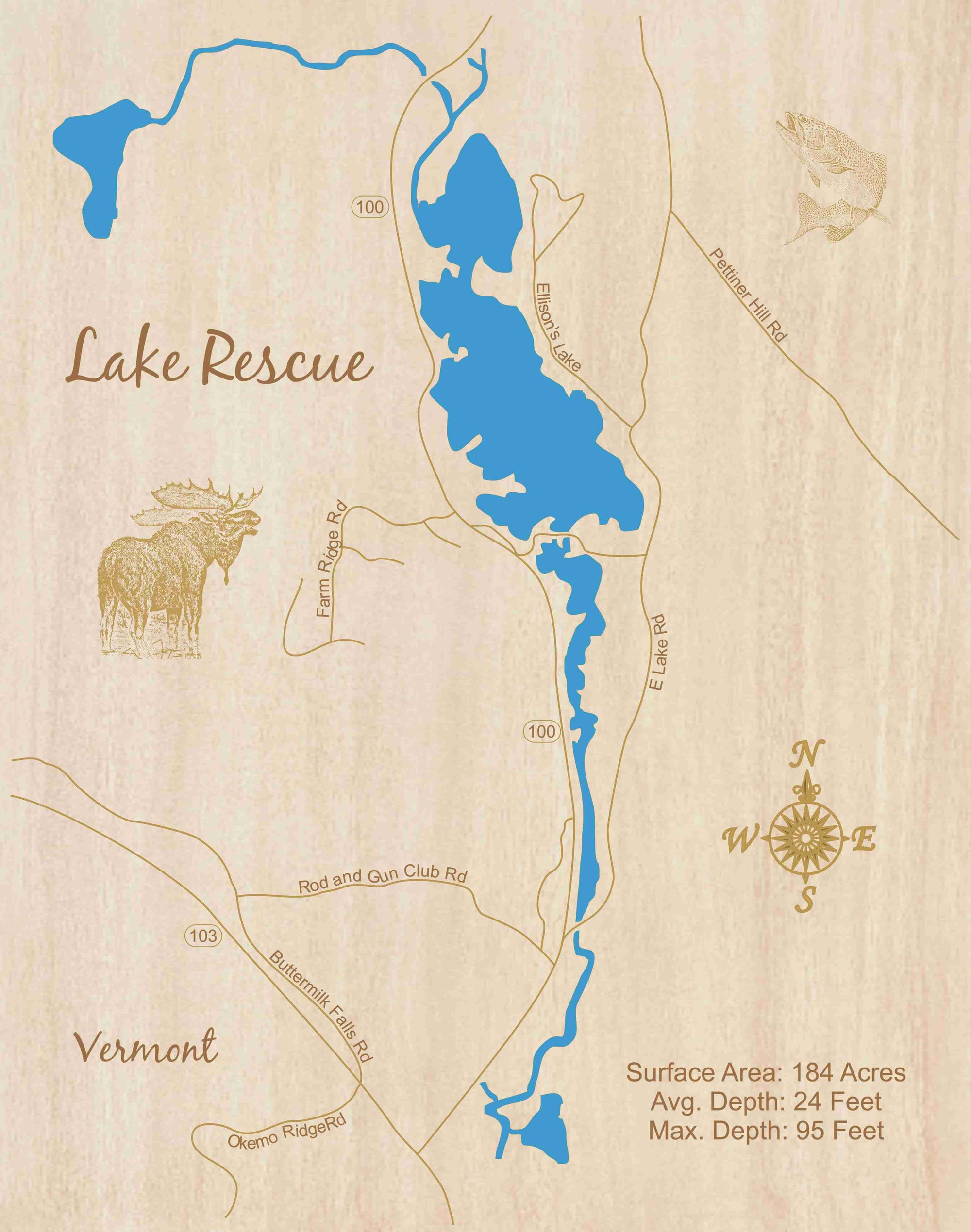 Lake Rescue, Vermont - Laser Cut Wood Map| Personal Handcrafted Displays