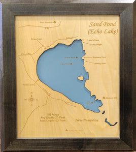 Sand Pond, New Hampshire - laser cut wood map