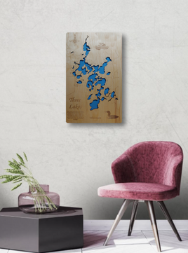 Three Lakes Chain, Wisconsin - laser cut wood map