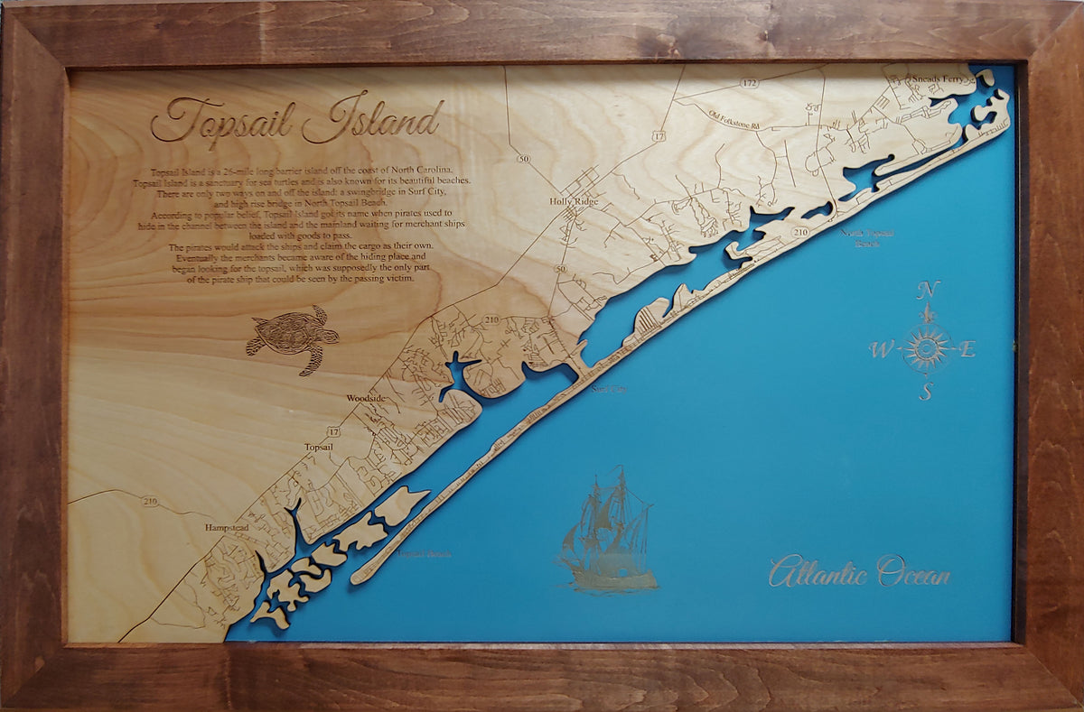 Topsail Island, North Carolina Coastal Map - laser cut wood map ...