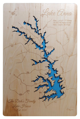 Lake Anna, Virginia - Laser Cut Wood Map