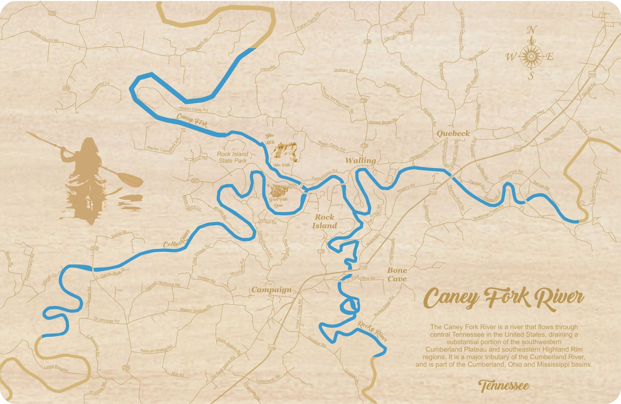 Caney Fork River, TN Laser Cut Wood Map Personal Handcrafted Displays
