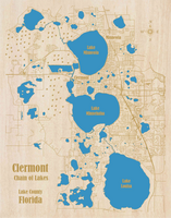 Clermont Chain of Lakes in Florida - Laser Cut Wood Map