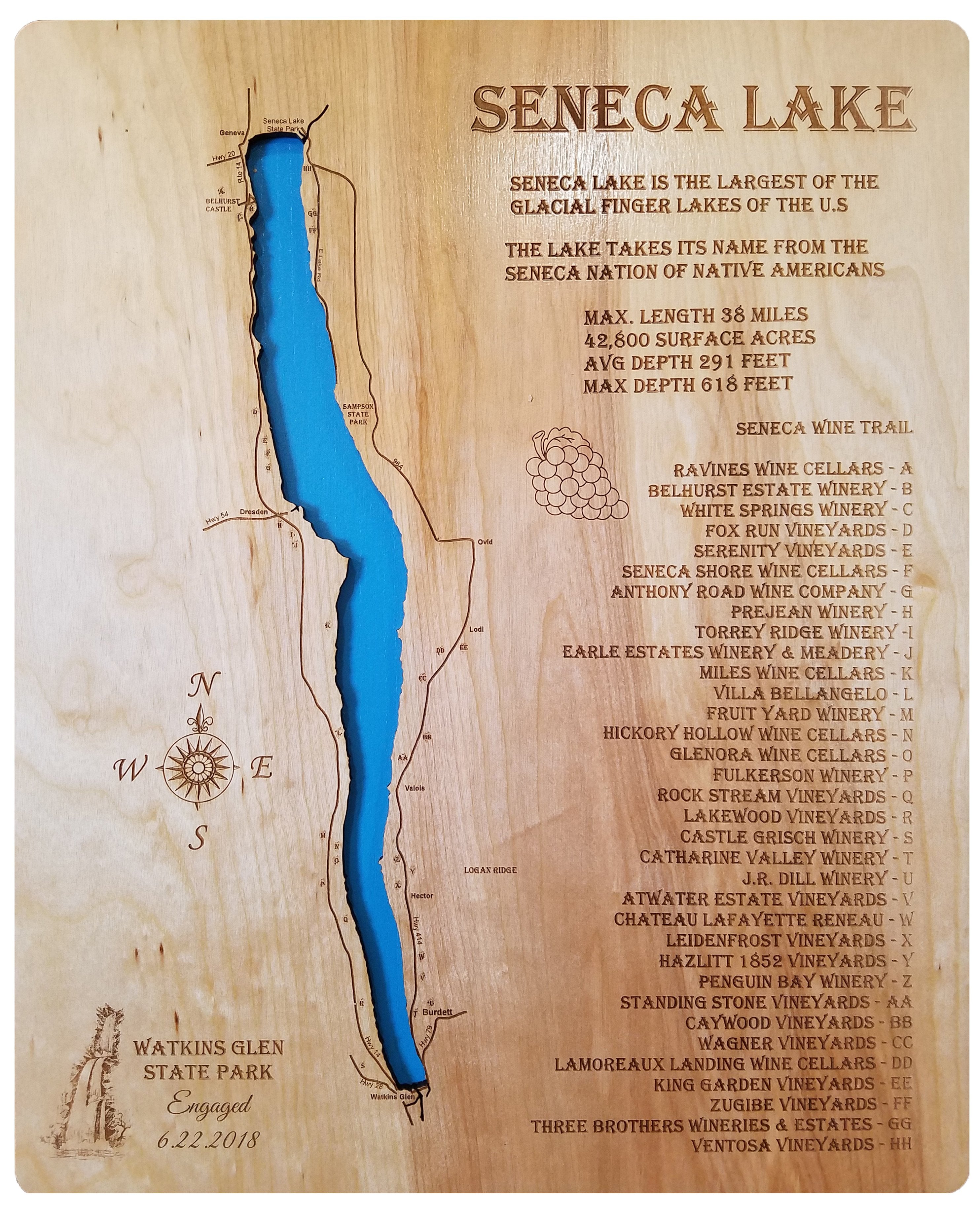 Seneca Lake and Wine Trail New York laser cut wood map