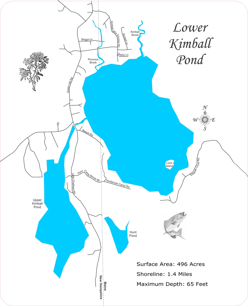 Lower Kimball Pond in Maine & New Hampshire Laser Cut Wood Map