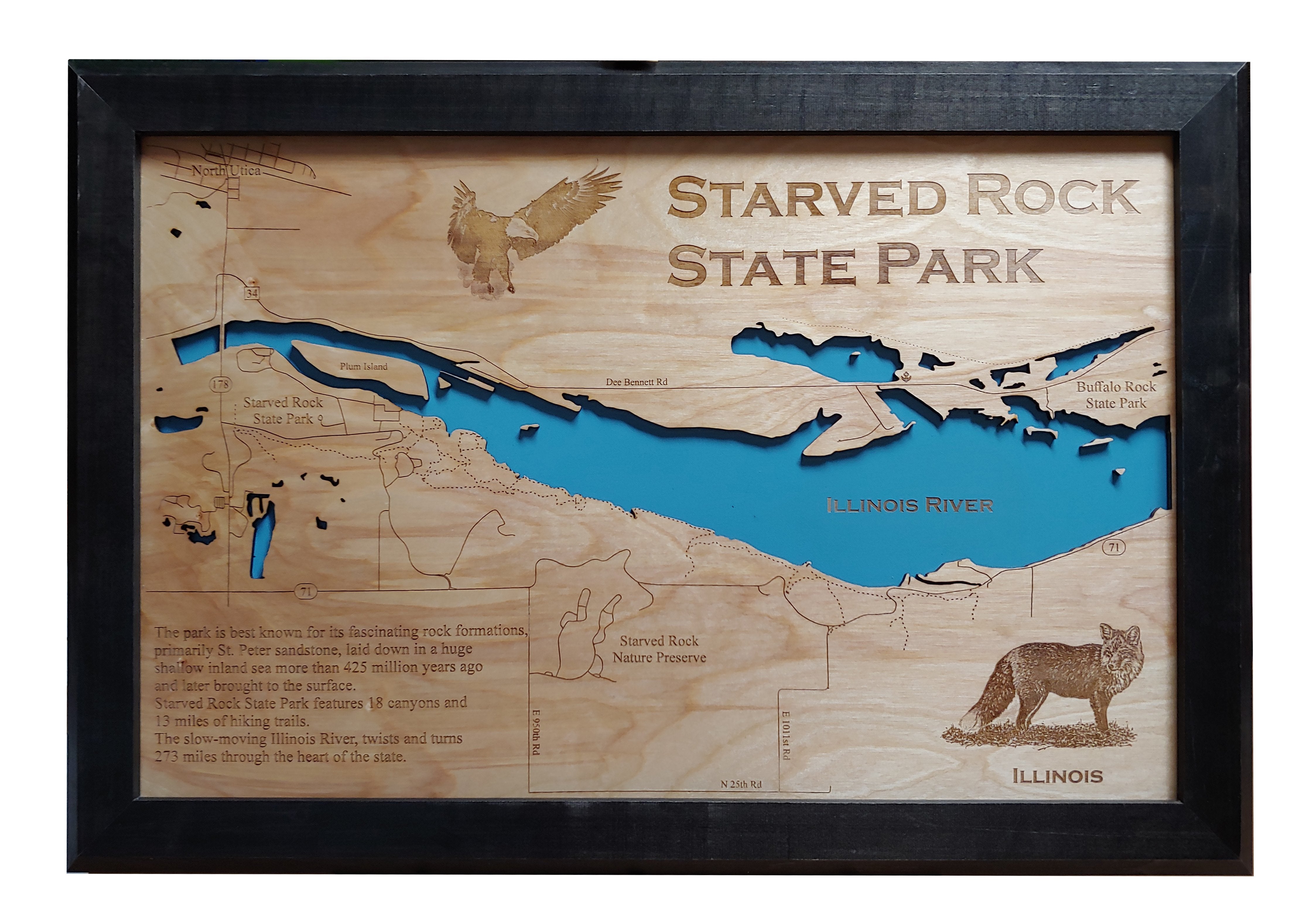 Starved Rock State Park, Illinois laser cut wood map