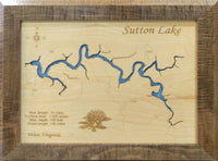 Sutton Lake, West Virginia - laser cut wood map